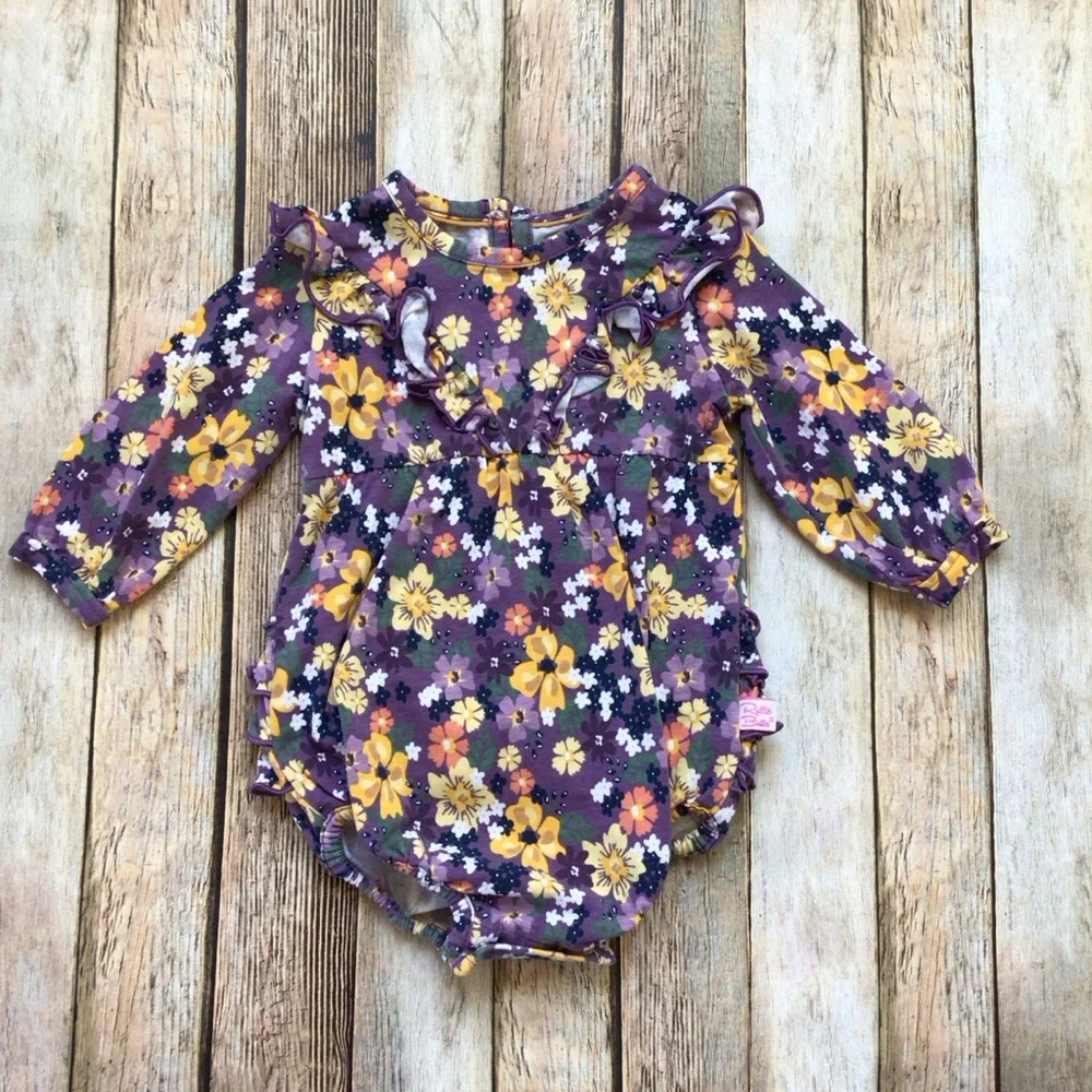 Ruffle Butts Purple Long Sleeve V Ruffle Bubble Romper